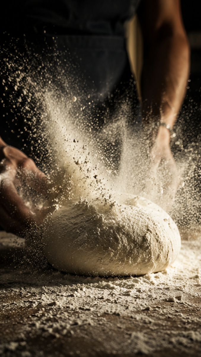 Flour thrown mid-air over proofed dough, caught in hard light